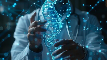 Medicine doctor holding blue helix DNA structure on hologram modern virtual screen interface and diagnose healthcare on digital network, Science, Medical technology and futuristic concept.