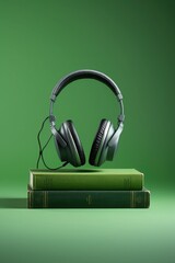Listening to audiobooks, green books by headphones. Online library, education, podcast. Books library online, headset