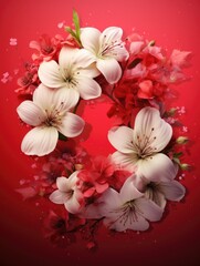 red background or texture with spring flowers. template, greeting card for Mother's Day, March 8