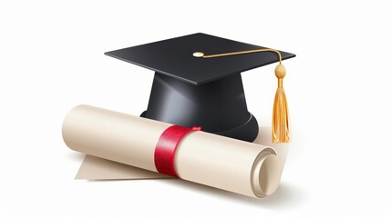 Realistic graduation cap and diploma scroll isolated on white background. Academic hat with tassel and university degree certificate. Vector illustration for announcement, banner, poster, flyer, ad.
