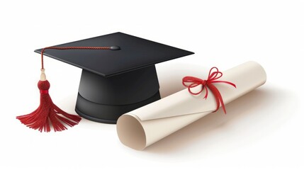 Realistic graduation cap and diploma scroll isolated on white background. Academic hat with tassel and university degree certificate. Vector illustration for announcement, banner, poster, flyer, ad.