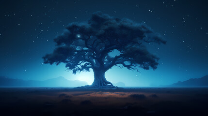 Fototapeta na wymiar A lone tree stands in an empty field under a starry night sky