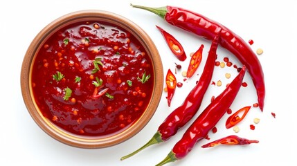 Sweet chili sauce in ceramic bowl isolated on a white background.Top view - obrazy, fototapety, plakaty