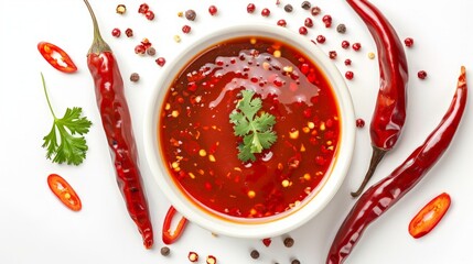 Sweet chili sauce in ceramic bowl isolated on a white background.Top view - obrazy, fototapety, plakaty