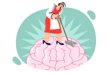 Maid washes brain with mop, getting rid of bad thoughts, concept mental and psychological hygiene
