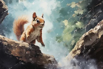 Fotobehang Cute squirrel in the river oil painting with Generative AI © LebahStudio