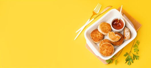 Baking dish with tasty meat cutlets and sauce on yellow background with space for text
