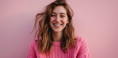 Hübsche junge Frau lächelt, Frau in pinkem Pullover vor einem pinken Hintergrund - obrazy, fototapety, plakaty