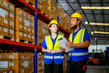 operation workers checking and inspecting cargo for stack items for shipping. males worker checking the store factory. industry factory warehouse. Worker Scanning Package In Warehouse.