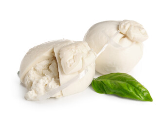 Tasty Burrata cheese with basil on white background