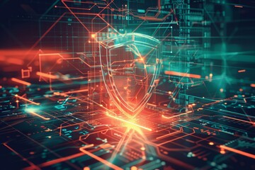 Fototapeta premium Dynamic risk management strategy unfolds, emphasizing security and protection through the symbolic imagery of a resilient shield.