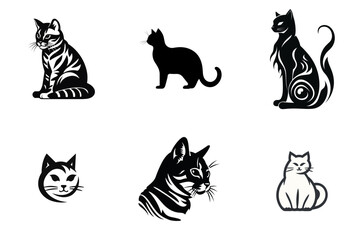 set of cat black and white vector illustration isolated transparent background, logo, cut out or cutout t-shirt print design, poster, products or packaging design.