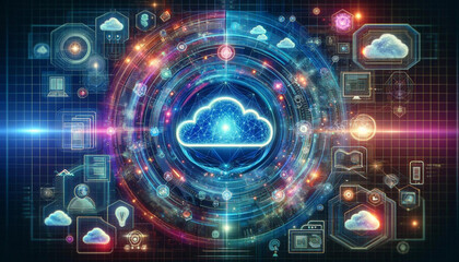  A complex cybernetic interface featuring a central cloud icon encircled by vibrant neon technology symbols and data analytics, illuminated against a futuristic grid background.