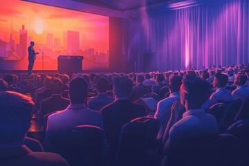 Engrossing business seminar with keynote speakers delivering insightful talks to an attentive audience in a vibrant conference setting.

