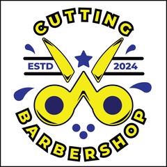barbershop cutting logo illustration vector design with scissors in yellow and blue colors. suitable for logos, icons, posters, advertisements, banners, companies, t-shirt designs, stickers, websites.