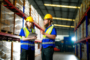 operation workers checking and inspecting cargo for stack items for shipping. males worker checking the store factory. industry factory warehouse. Worker Scanning Package In Warehouse.