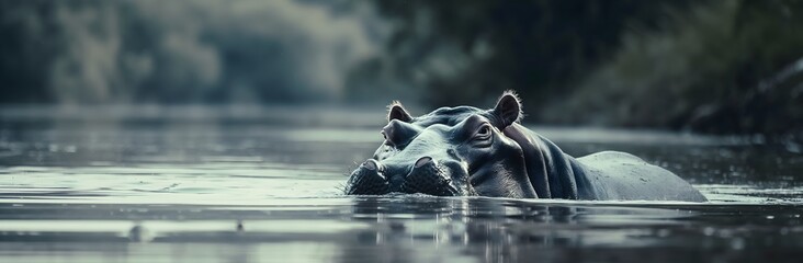 Nilpferde im Wasser, Banner mit Nilpferden in der Wildnis