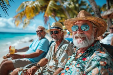 Retired individuals enjoy sunny beach getaway, drinks in hand, amidst palm trees