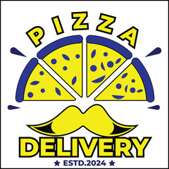 pizza delivery illustration vector design with pizza and mustache in Yellow and blue colors. suitable for logos, icons, posters, advertisements, banners, companies, t-shirt designs, stickers, websites