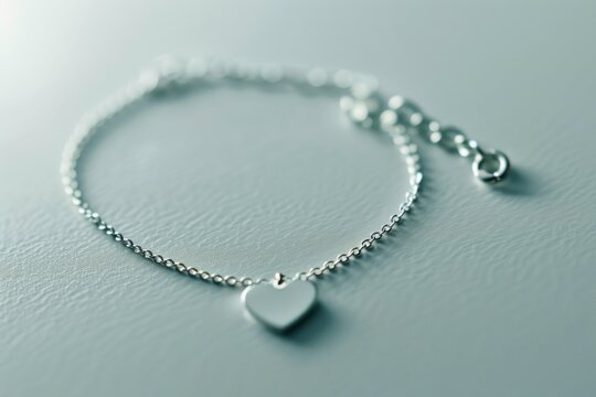Silver bracelet with a heart charm on a grey background.