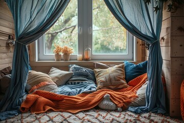 Cozy indoor nook with white draping curtains and pillows. - obrazy, fototapety, plakaty