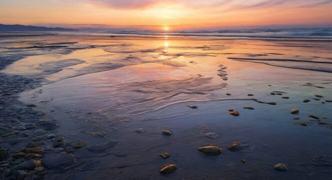 Beautiful ocean sunset at low tide with wave tracks on the sand