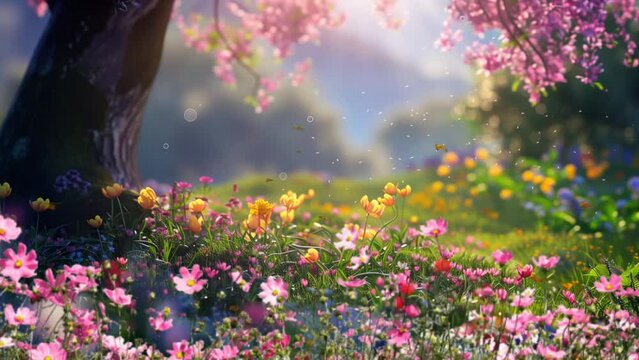 Colorful flower field in spring at sunrise. seamless looping 4k time-lapse video background