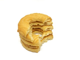 round bitten cookies on white background