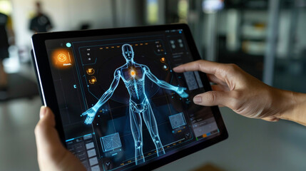 A closeup of an AR app on a tablet showing a virtual avatar demonstrating the correct form for an exercise.
