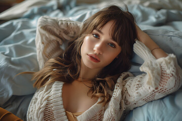 a beautiful young woman posing on a bed