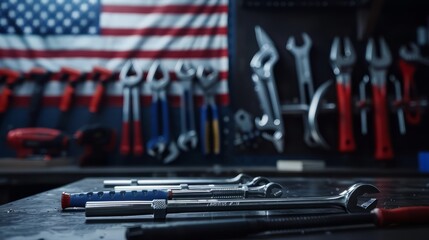 Construction and manufacturing tools with patriotic US, USA, American flag on dark black background. International Workers' Day background. Happy labor day. Business and media social background - obrazy, fototapety, plakaty