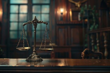 Scale of Justice on a Courtroom Table