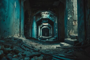 Dark Tunnel in Abandoned Building With Light at End
