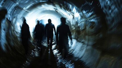 A group of shadowy figures are shown walking through a narrow winding tunnel their faces obscured and their purpose unknown.