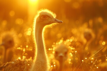 Vogelstrauß im goldenen Sonnenlicht, Strauß in der Natur mit schönem Bokeh