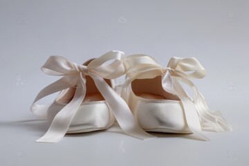 Cream-colored ballet slippers with satin ribbons on a white background.