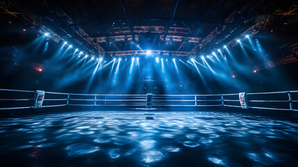 Pre-Fight Scene: The Calm Before the Storm - An Empty Boxing Ring with Vivid Illumination