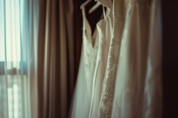 Row of Wedding Dresses Hanging on Rack