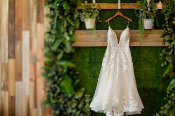 Wedding Dress Hanging on Green Wall