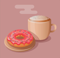 Cartoon bright pink color glazed donut and coffee cup wallpaper design illustration. Vector cute art