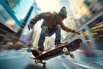 Dynamische Aufnahme eines Skateboarders auf den Straßen einer großen Stadt, Action und Geschwindigkeit - obrazy, fototapety, plakaty