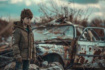 Boy Standing by Rusted Car