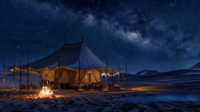 Arabian tent with campfire in the desert at night. seamless looping 4k time-lapse animation video background