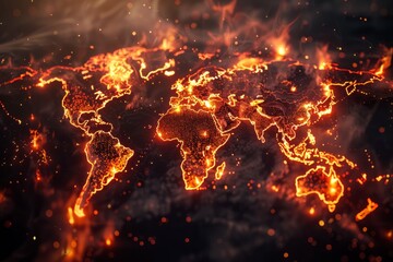 World Map Engulfed in Flames