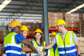 group worker factory men and women standing with confidence and success. people working in workplace of industrial heavy machine factory. young adult in career of industry of technology machinery.