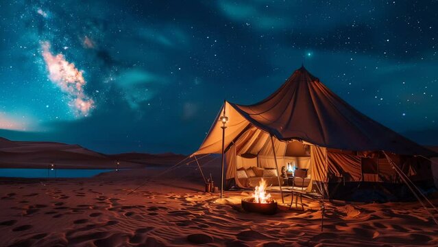 Arabian tent with campfire in the desert at night. seamless looping 4k time-lapse animation video background