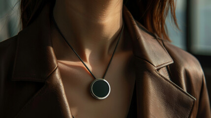A closeup of a sleek and discreet air purifier necklace blending seamlessly into any outfit while purifying the air around the wearer. - obrazy, fototapety, plakaty