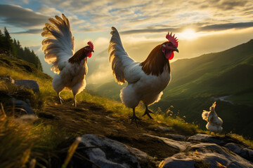 Chickens in the wild, chickens running around in the wild, chicken in the wilderness - obrazy, fototapety, plakaty