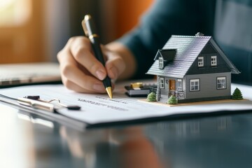 Person Signing Loan Agreement With House Model - obrazy, fototapety, plakaty