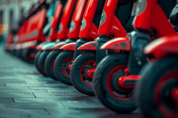 Row of Red Electric Scooters Parked on Street